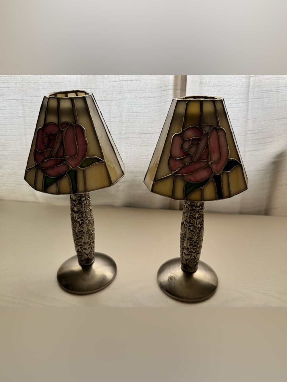 TiffanyStained Glass Rose Table Lamps - Pink & Cream set of 2